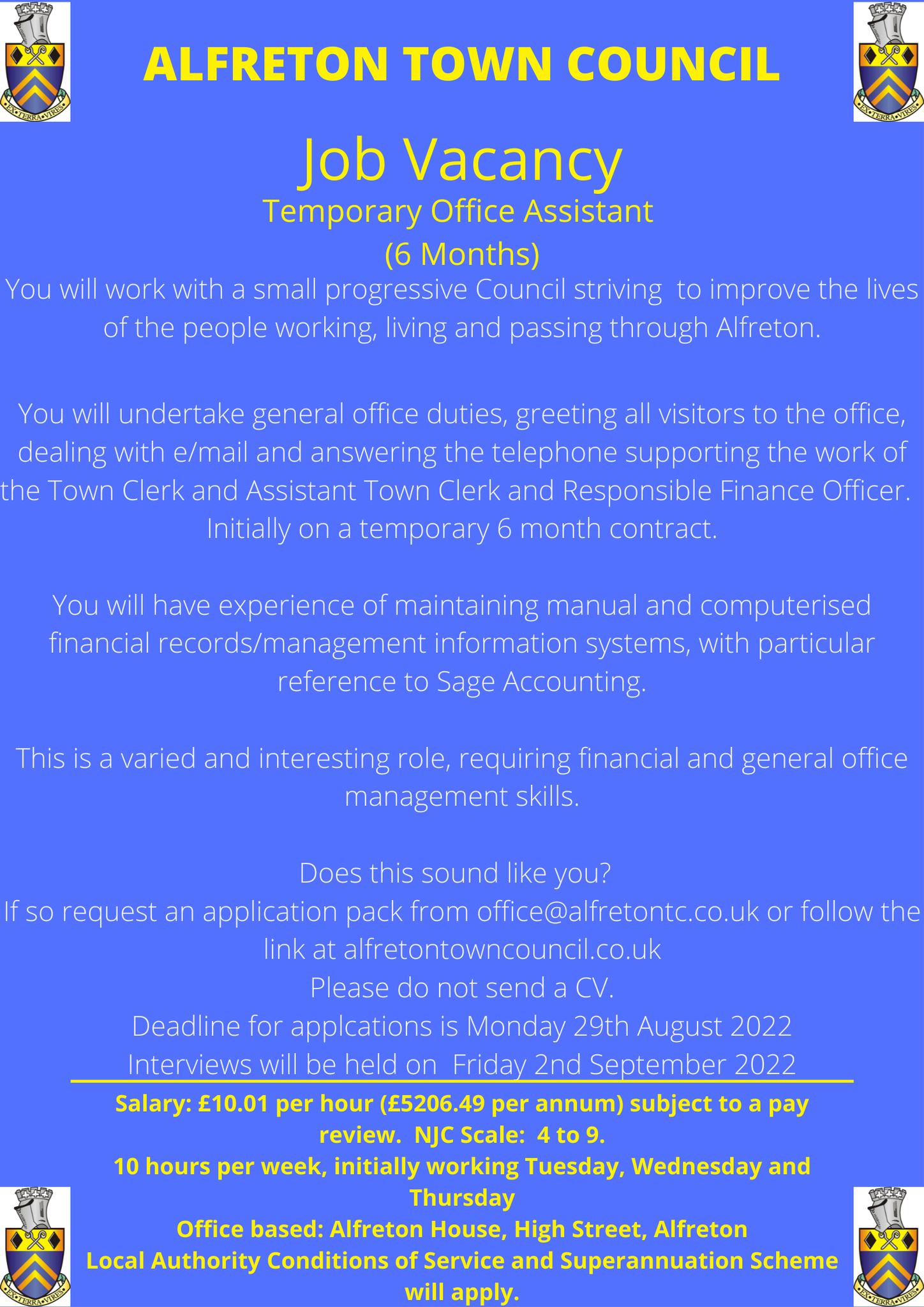 Alfreton Town Council is recruiting for an office assistant