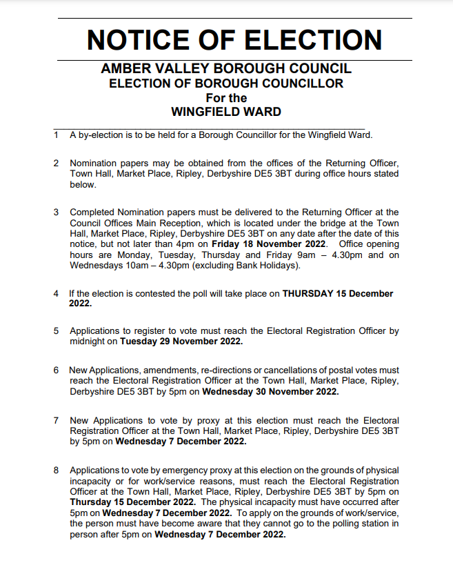 Amber Valley Borough Council notice of election Wingfield Ward
