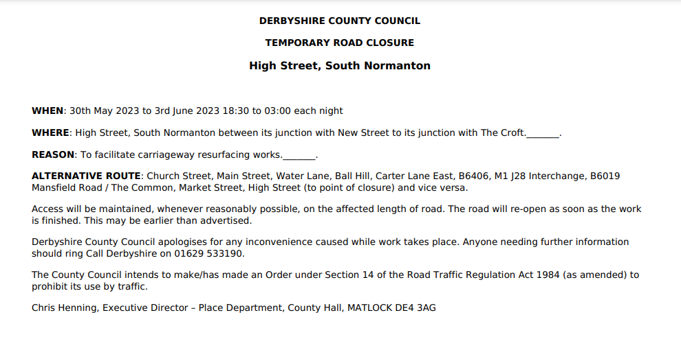 Part of the High Street in South Normanton will close overnight for resurfacing work