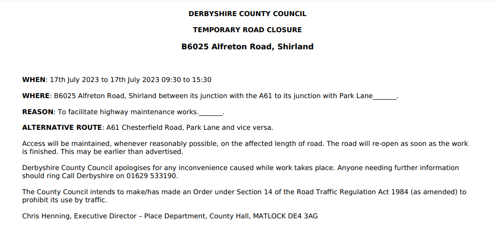 Temporary road closure notice: Alfreton Road, Shirland