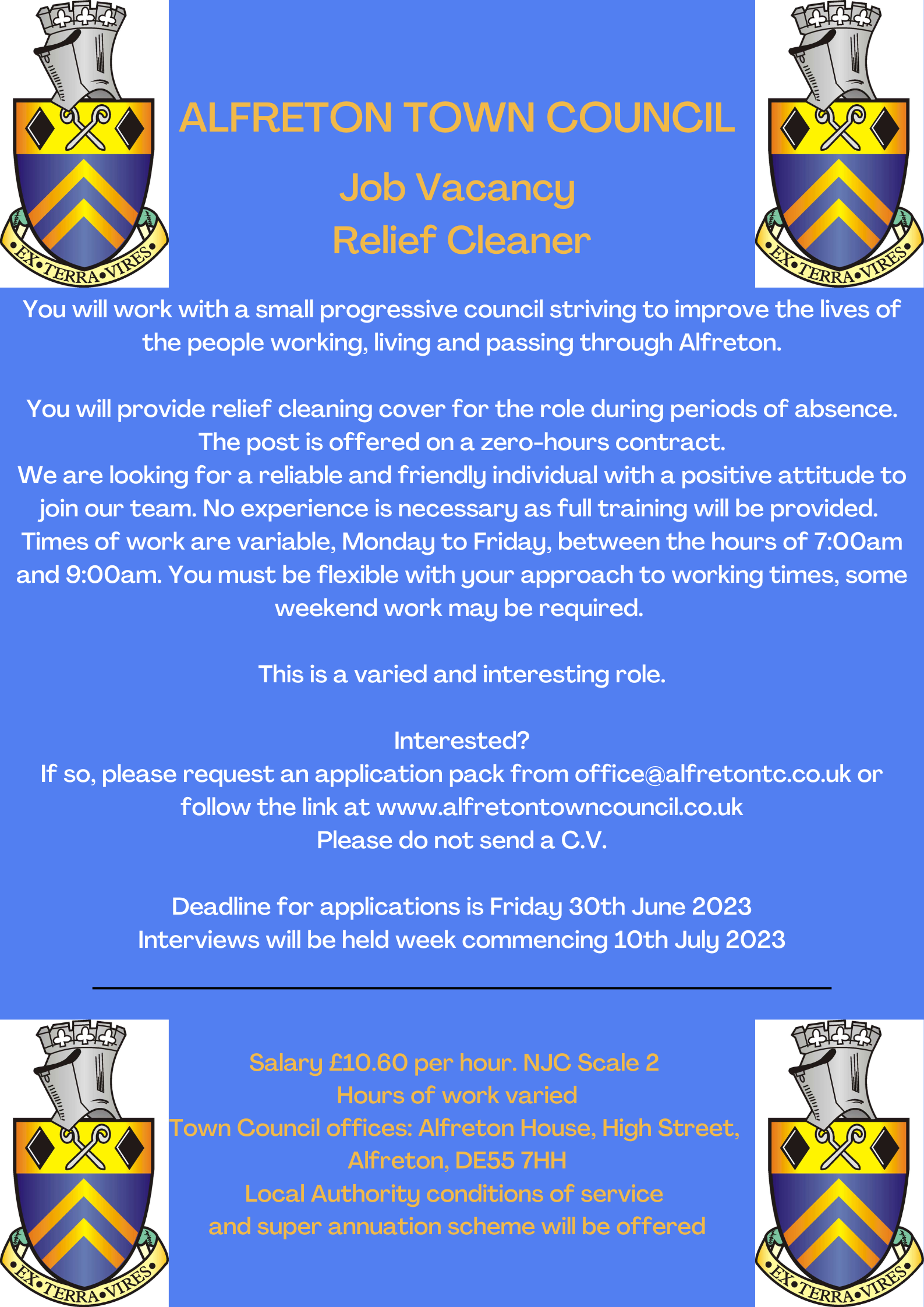 Alfreton Town Council is recruiting for a relief cleaner