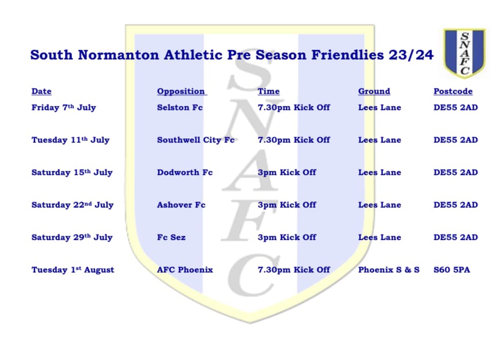 South Normanton Athletic FC has released its pre-season friendlies fixture list