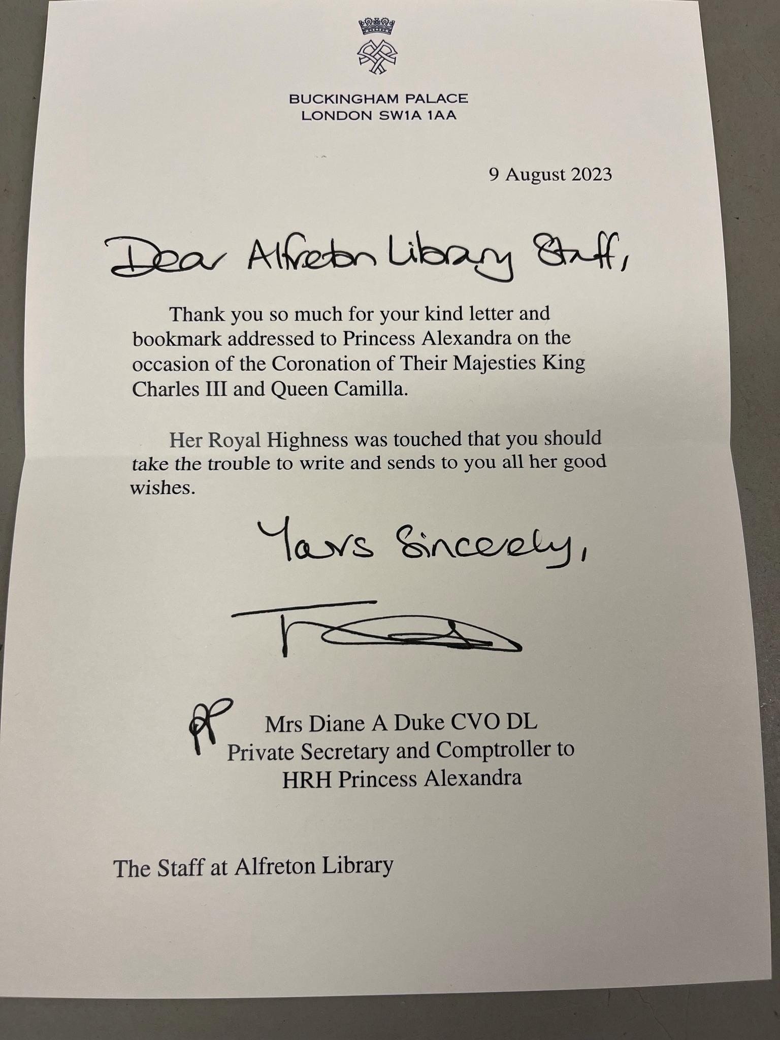 Staff at Alfreton Library received a letter from Buckingham Palace