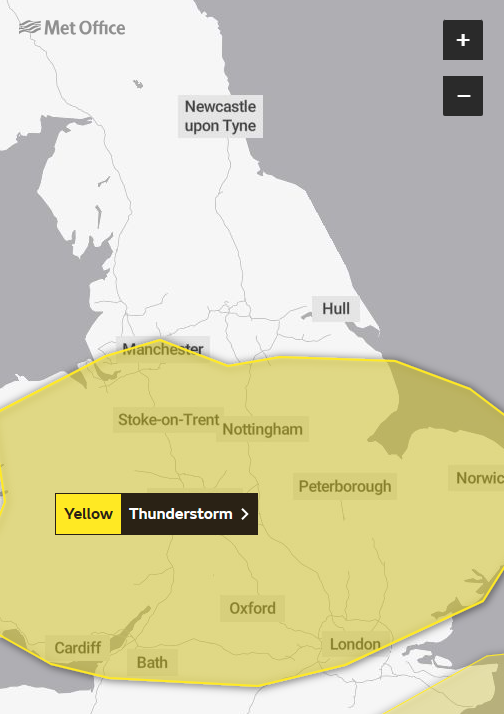 The Met Office has issued a yellow weather warning for thunderstorms for Alfreton on August 2